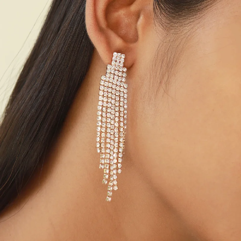 Silver Drop Earrings for Men -Ayesha Contemporary White Diamante Crystal Studded Gold-Toned Long Tassel Drop Earrings