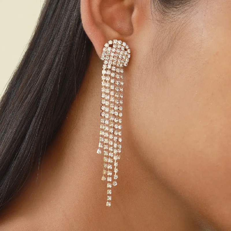 Maximalist Drop Earrings for Bling -Ayesha Contemporary White Diamante Crystal Studded Gold-Toned Long Tassel Drop Earrings