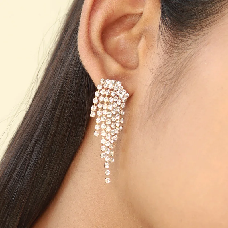 Drop Earrings with Floral Motifs -Ayesha Contemporary White Diamante Crystal Studded Gold-Toned Tassel Drop Earrings