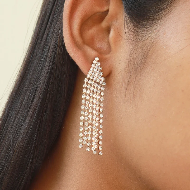 Drop Earrings for Travel Look -Ayesha Contemporary White Diamante Crystal Studded Gold-Toned Triangular Tassel Drop Earrings