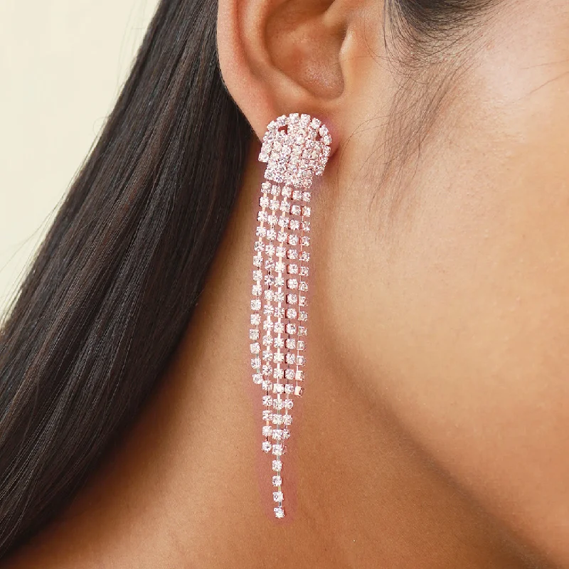 Leverback Drop Earrings for Comfort -Ayesha Contemporary White Diamante Crystal Studded Rose Gold-Toned Long Tassel Drop Earrings