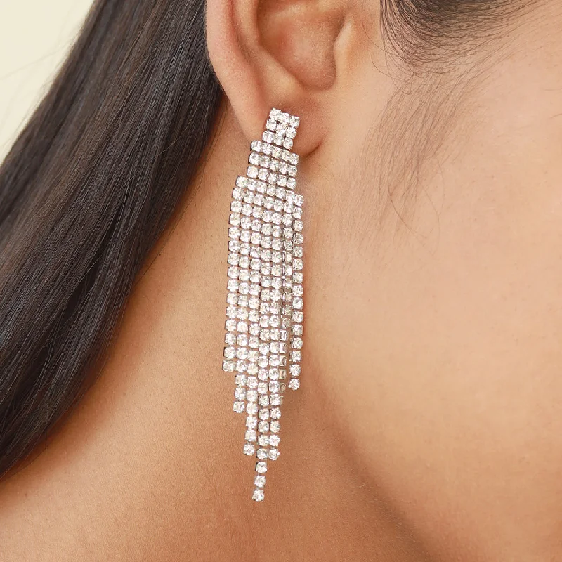 Diamond Drop Earrings for Luxury -Ayesha Contemporary White Diamante Crystal Studded Silver-Toned Long Tassel Drop Earrings