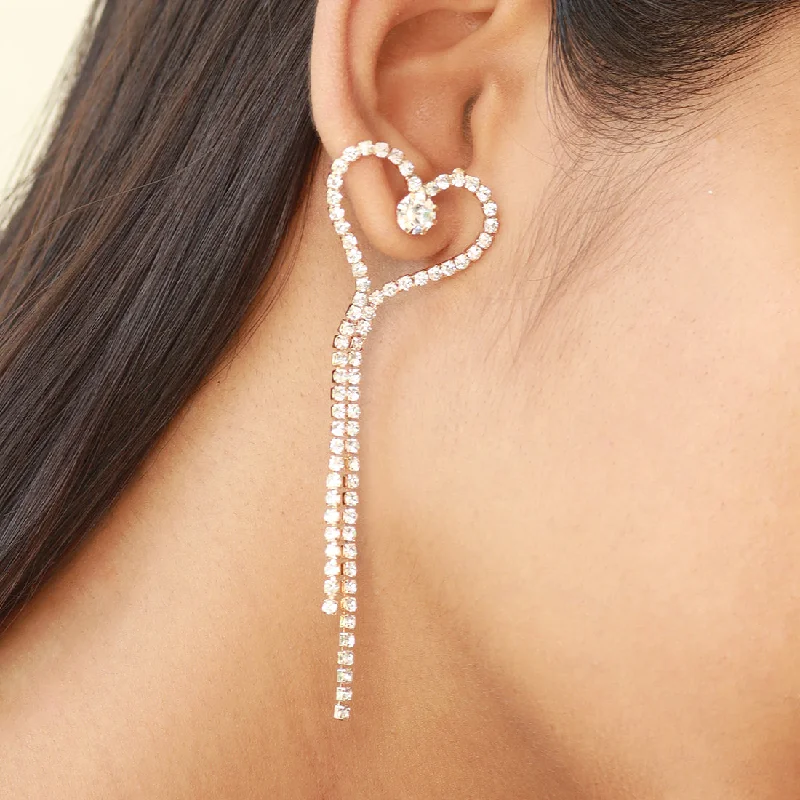 Long Drop Earrings for Dramatic -Ayesha Heart White Diamante Crystal Studded Rose Gold-Toned Long Tassel Drop Earrings