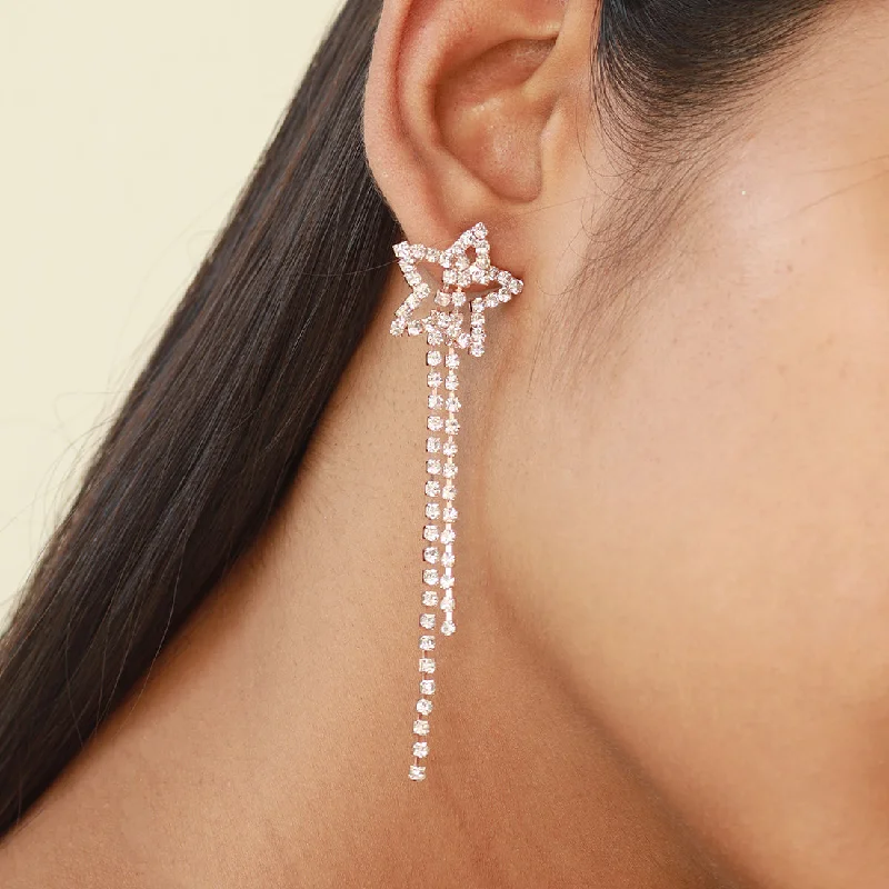 Drop Earrings with Embossed Patterns -Ayesha Star White Diamante Crystal Studded Rose Gold-Toned Long Tassel Drop Earrings