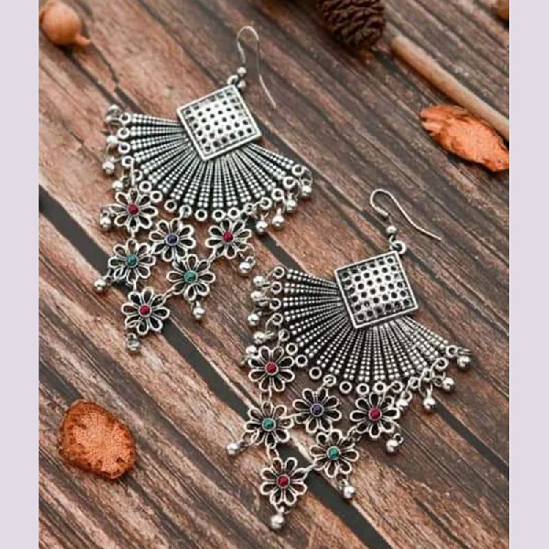 Floral Drop Earrings with Petals -Bevy Pearls Oxidised Plated Dangler Earrings