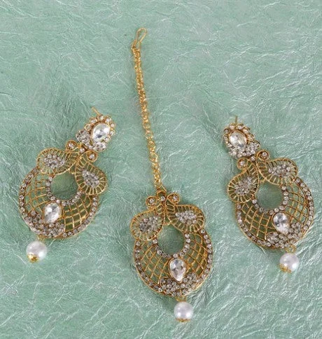 Drop Earrings with Vine Designs -Bhavi Jewels Gold Plated Dangler Earrings With Maangtikka