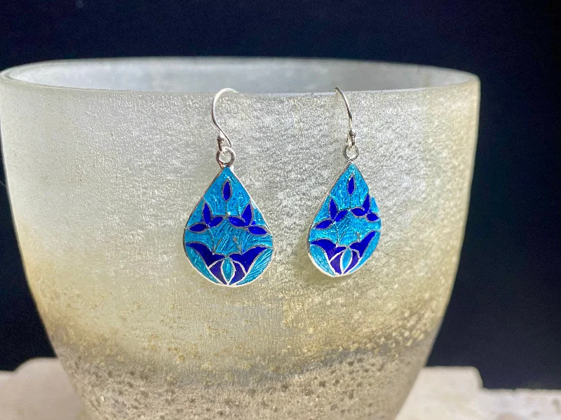 Drop Earrings for Wellness Routine -Large Blue Enamel Silver Teardrop Earrings