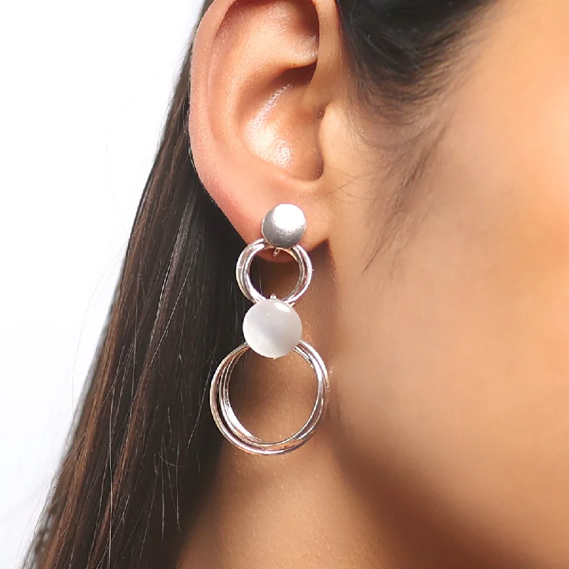 Screw Back Drop Earrings for Security -Circular Layered White Moonstone Studded Rose Gold-Toned Drop Earrings