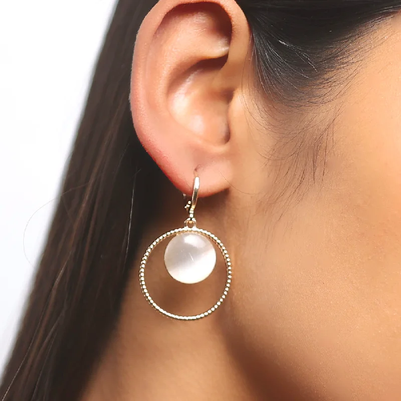 Gothic Drop Earrings with Dark Tone -Circular White Moonstone Rose Gold-Toned Hoop Drop Earrings