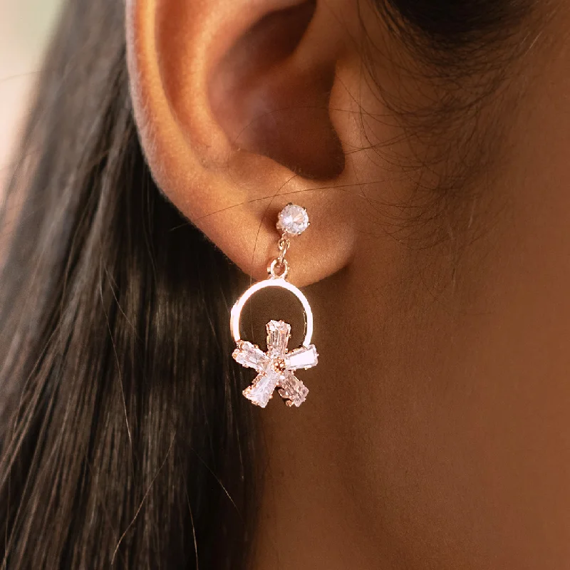 Adjustable Drop Earrings for Custom Fit -CONTEMPORARY RHINESTONE STUDDED ROSE-GOLD TONED FLOWER DROP EARRINGS