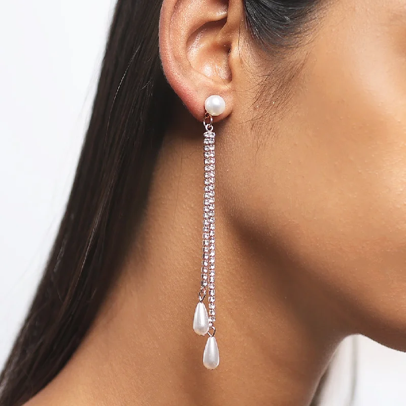 Drop Earrings for Concert Look -Contemporary Rose Gold-Toned Diamante Crystal & Pearl Studded Long Drop Earrings