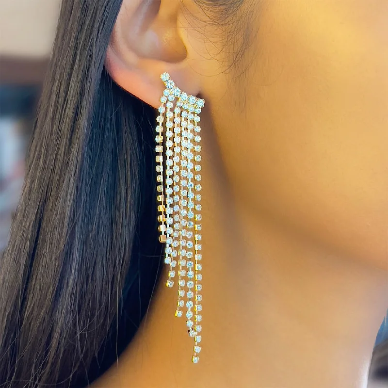 Magnetic Closure Drop Earrings for Easy -Contemporary White Diamante Crystal Studded Gold-Toned Asymmetric Long Tassel Drop Earrings