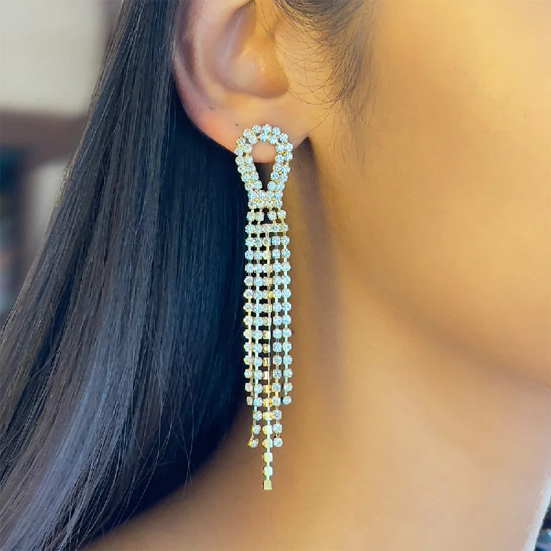 Leverback Drop Earrings for Comfort -Contemporary White Diamante Crystal Studded Gold-Toned Long Tassel Drop Earrings