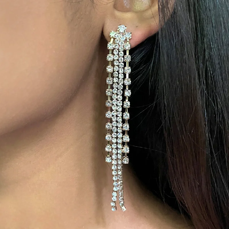 Drop Earrings for Graduation Day -CONTEMPORARY WHITE DIAMANTE CRYSTAL STUDDED GOLD-TONED LONG TASSEL DROP EARRINGS