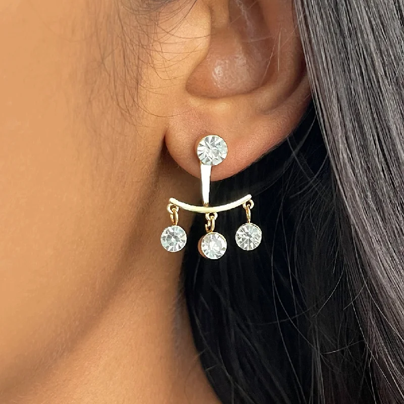 Drop Earrings with Matte Finish -CONTEMPORARY WHITE DIAMANTE CRYSTAL STUDDED GOLD-TONED SHORT DROP EARRINGS