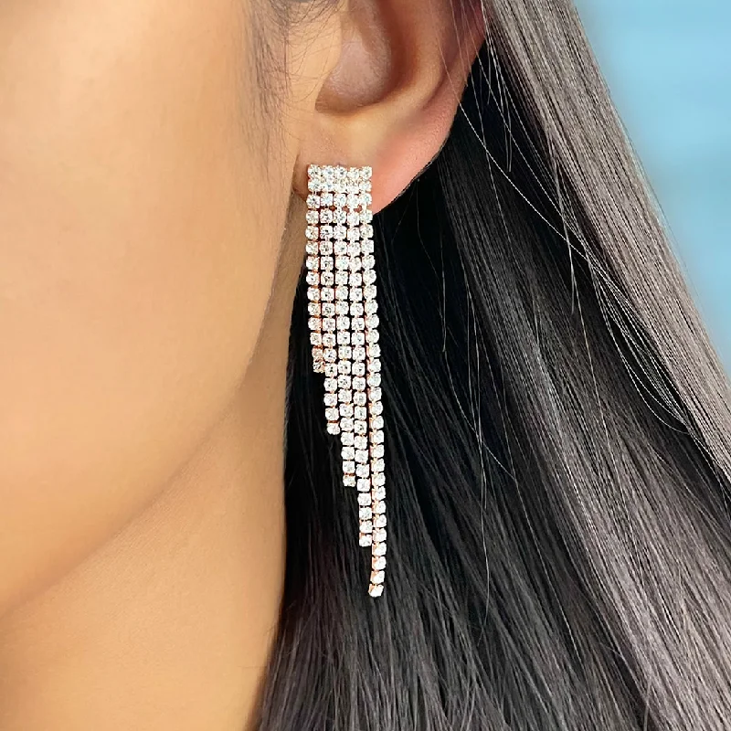 Drop Earrings for Gym Workout -Contemporary White Diamante Crystal Studded Rose Gold-Toned Long Asymmetric Tassel Drop Earrings