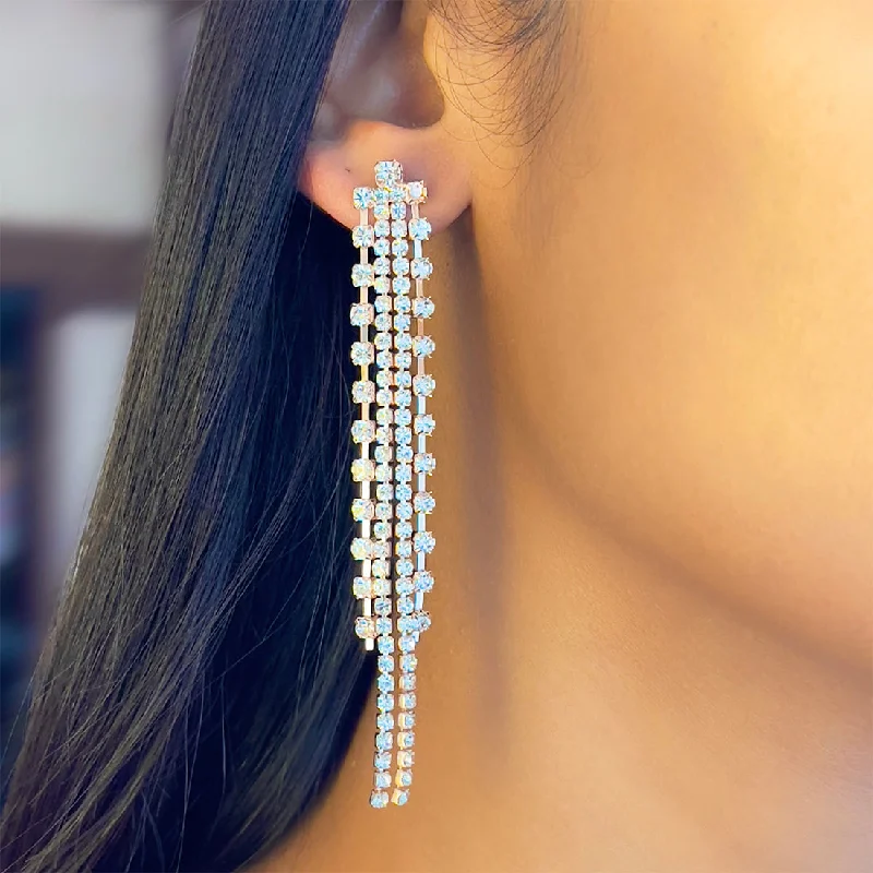 Studded Drop Earrings with Gemstones -Contemporary White Diamante Crystal Studded Rose Gold-Toned Long Tassel Drop Earrings