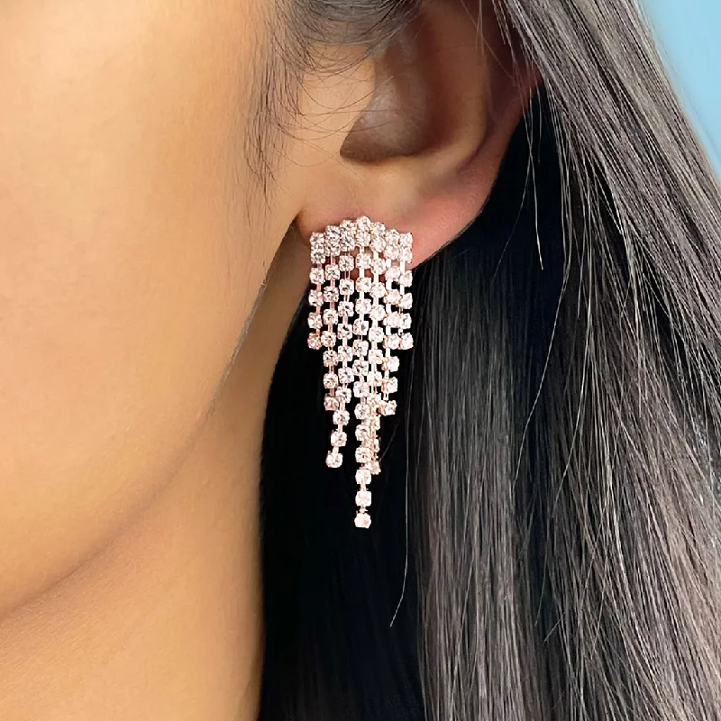 Drop Earrings for School Uniform -Contemporary White Diamante Crystal Studded Rose Gold-Toned Short Tassel Drop Earrings