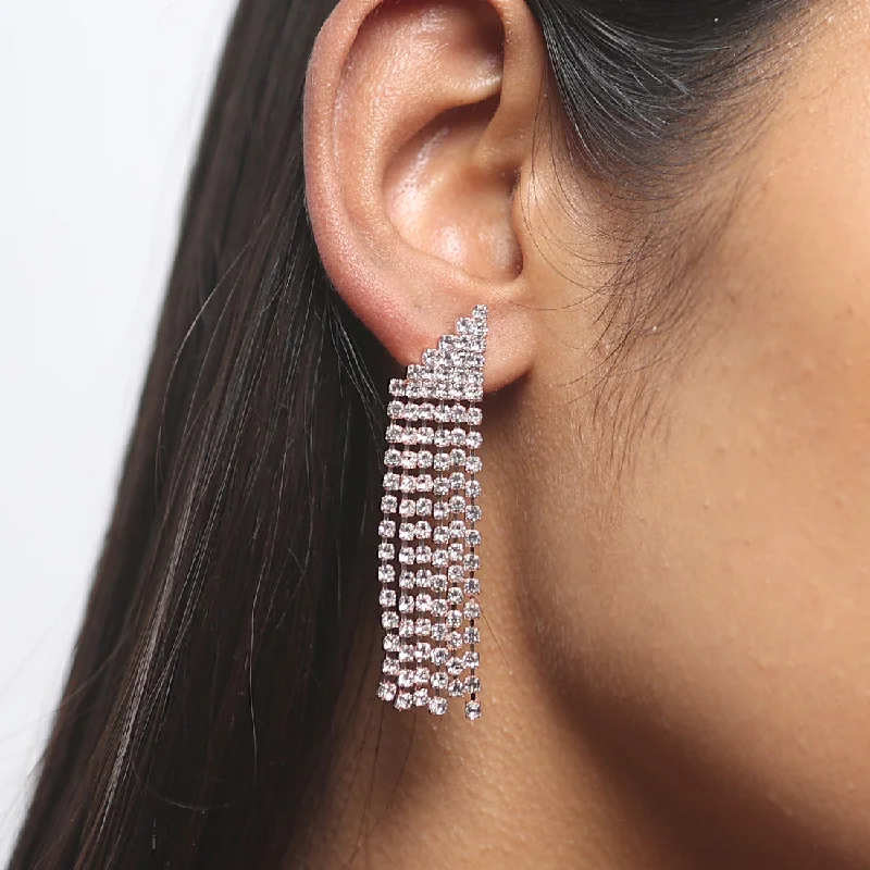 Drop Earrings for Mother's Day -Contemporary White Diamante Crystal Studded Rose Gold-Toned Triangular Tassel Drop Earrings