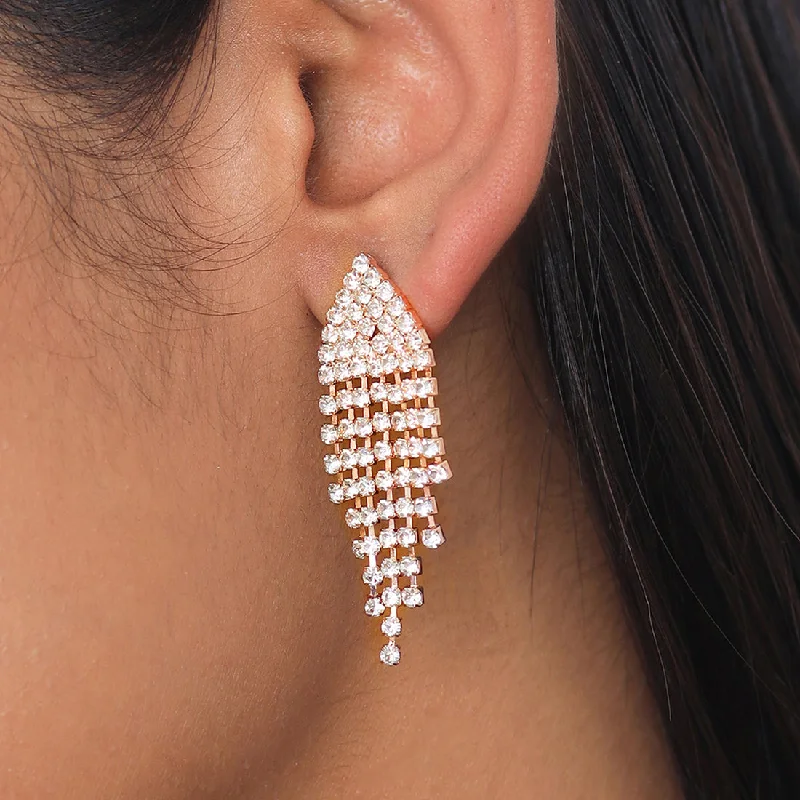 Drop Earrings for Office Wear -Contemporary White Diamante Crystal Studded Rose Gold-Toned Triangular Tassel Drop Earrings