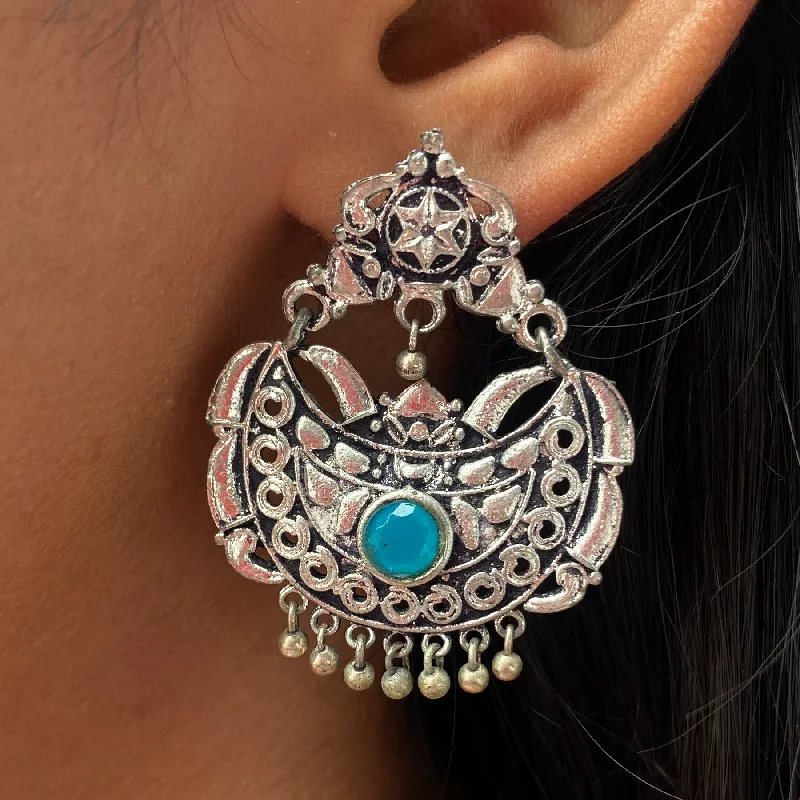 Heart Shaped Drop Earrings for Love -ETHNIC SILVER OXIDIZED BLUE RHINESTONE GHUNGROO CHANDBALI DROP EARRINGS