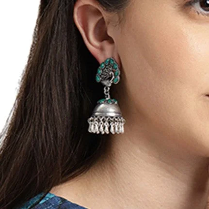 Drop Earrings with Leaf Motifs -ETHNIC SILVER-TONED PEACOCK GREEN STUDDED GHUNGROO JHUMKI DROP EARRINGS