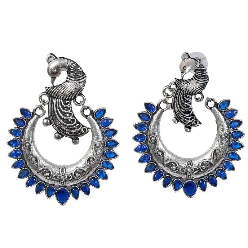 Drop Earrings with Wave Designs -ETHNIC SILVER-TONED PEACOCK SHAPED BLUE RHINESTONE DROP EARRINGS