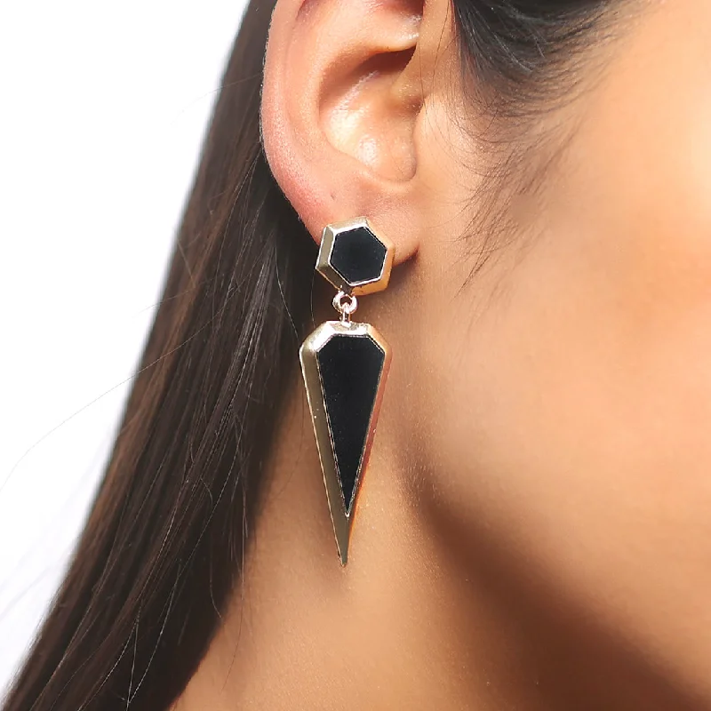 Small Drop Earrings for Delicate -Geometric Black Acrylic Gold-Toned Double Drop Earrings