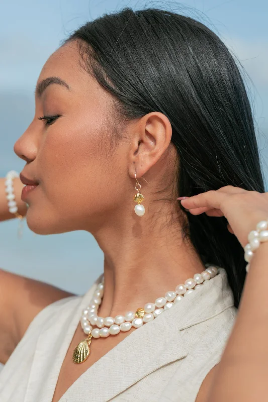 Drop Earrings for Festival Style -Gold Pearl & Seashell Drop Earrings - Kameli