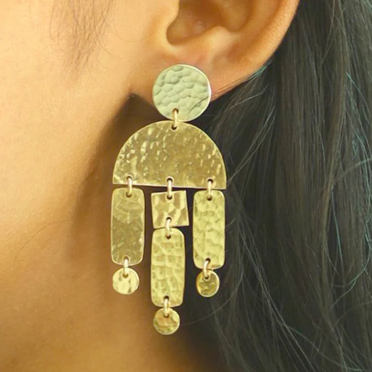 Heavy Duty Drop Earrings for Durability -HANDCRAFTED BRASS HAMMERED GEOMETRIC DROP EARRINGS