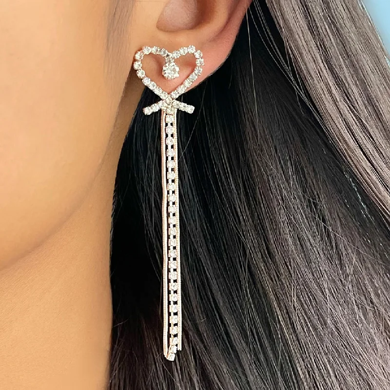 Drop Earrings for Formal Attire -Heart White Diamante Crystal Studded Rose Gold-Toned Long Tassel Drop Earrings