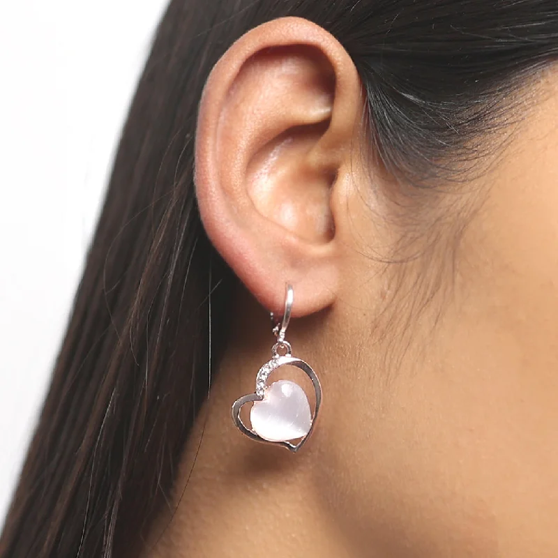 Drop Earrings with Vine Designs -Heart White Moonstone With Diamante Studs Rose Gold-Toned Hoop Drop Earrings