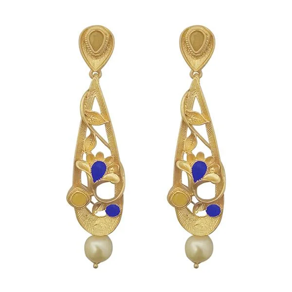 Drop Earrings for Casual Outfit -Kriaa Blue Austrian Stone Pearl Drop Gold Plated Dangler Earrings - 1313115C