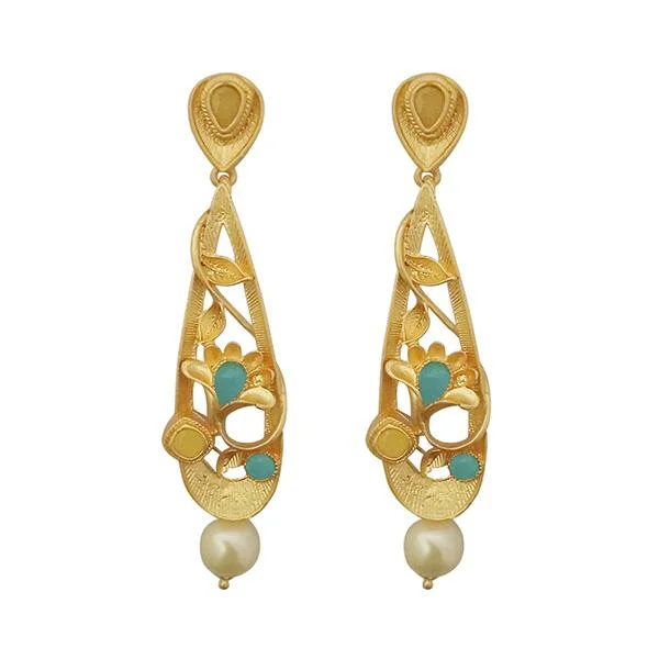 Drop Earrings for Office Wear -Kriaa Blue Austrian Stone Pearl Drop Gold Plated Dangler Earrings - 1313115E