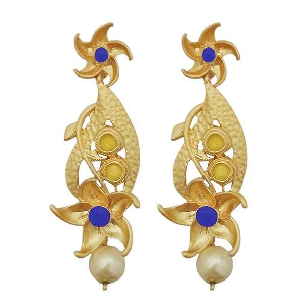 Drop Earrings for Beach Outfit -Kriaa Blue Austrian Stone Pearl Drop Gold Plated Dangler Earrings - 1313116A