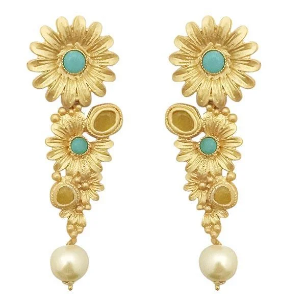 Drop Earrings with Hammered Finish -Kriaa Blue Pota Stone Gold Plated Floral Dangler Earrings - 1313109C