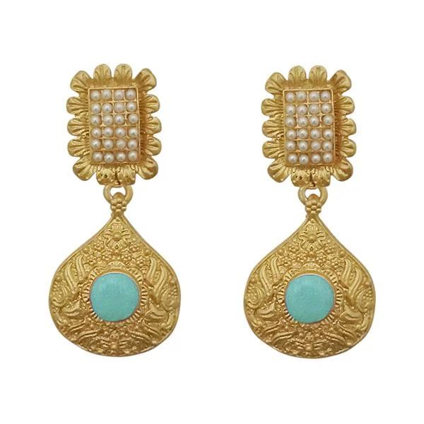 Drop Earrings with Textured Surface -Kriaa Blue Pota Stone Gold Plated Pearl Dangler Earrings - 1313110C