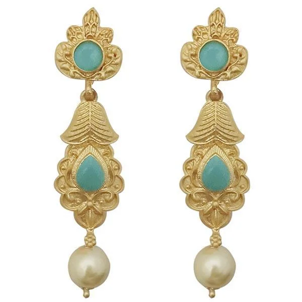 Drop Earrings for Engagement Party -Kriaa Blue Pota Stone Gold Plated Pearl Drop Dangler Earrings - 1313111C