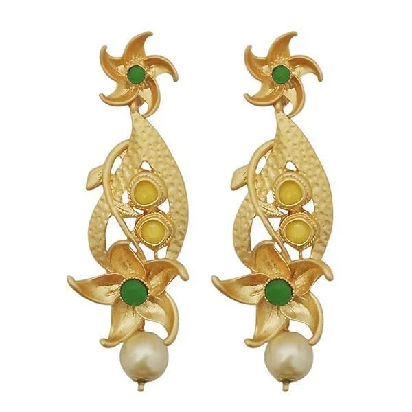 Drop Earrings for Festival Style -Kriaa Green Austrian Stone Pearl Drop Gold Plated Dangler Earrings - 1313116B