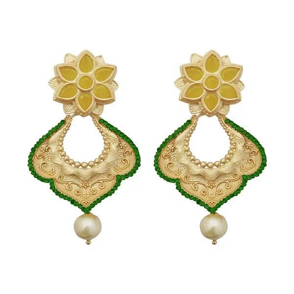 Ethnic Drop Earrings with Tribal Design -Kriaa Green Austrian Stone Pearl Gold Plated Dangler Earrings