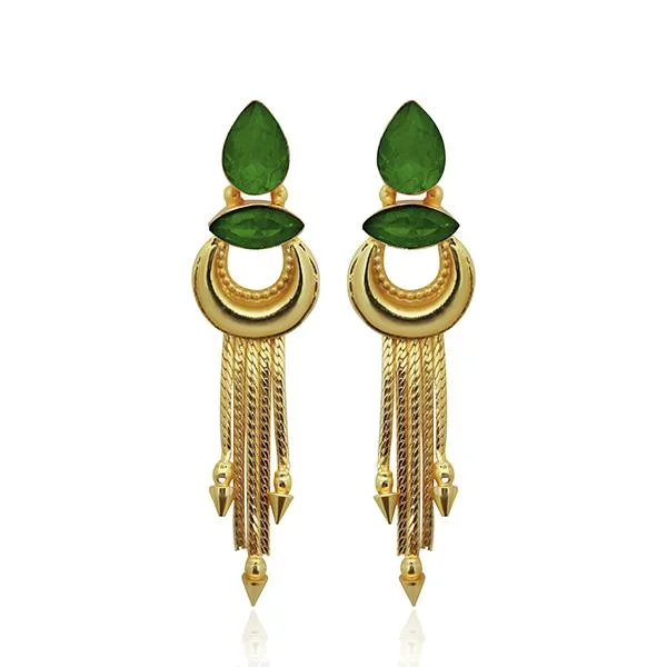 Clip On Drop Earrings for Non Pierced -Kriaa Green Crystal Stone Gold Plated Dangler Earrings - 1313106E