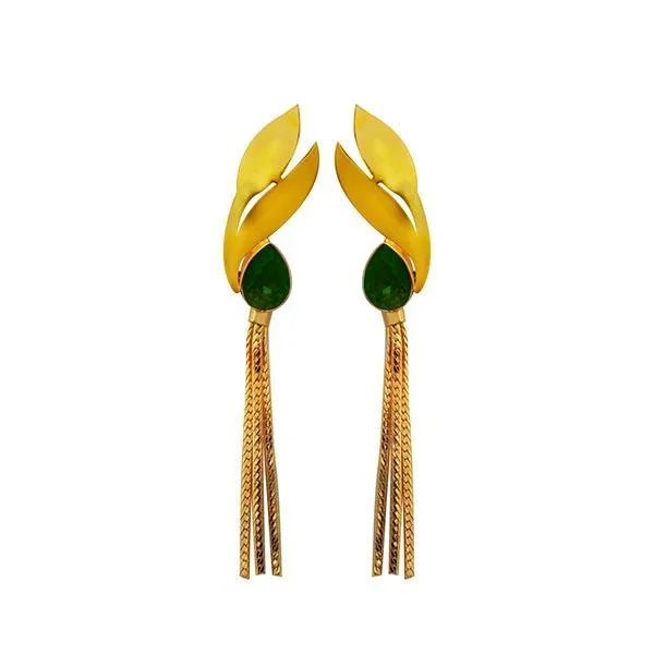 Drop Earrings with Etched Designs -Kriaa Green Crystal Stone Gold Plated Dangler Earrings - 1313107F