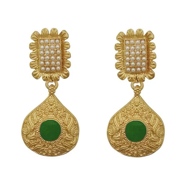 Drop Earrings with Debossed Designs -Kriaa Green Pota Stone Gold Plated Pearl Dangler Earrings - 1313110E