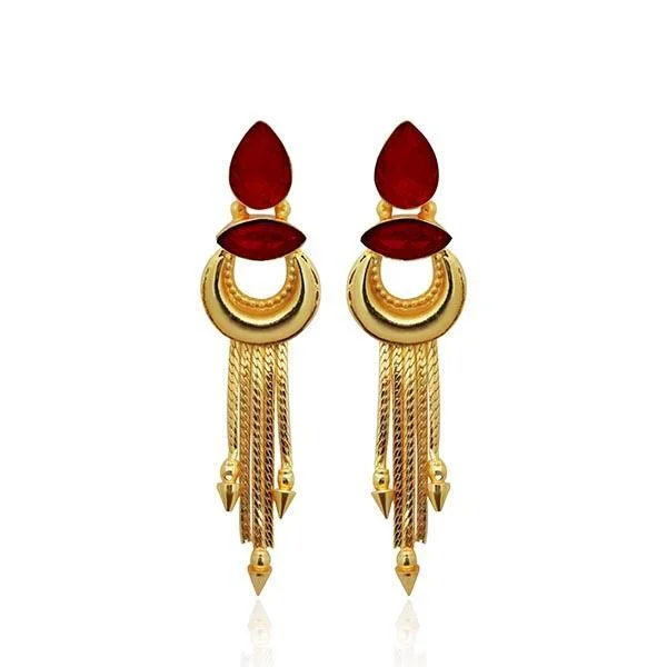 Magnetic Closure Drop Earrings for Easy -Kriaa Maroon Crystal Stone Gold Plated Dangler Earrings - 1313106B