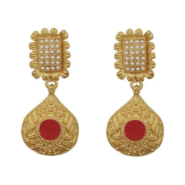 Drop Earrings with Matte Finish -Kriaa Maroon Pota Stone Gold Plated Pearl Dangler Earrings - 1313110B