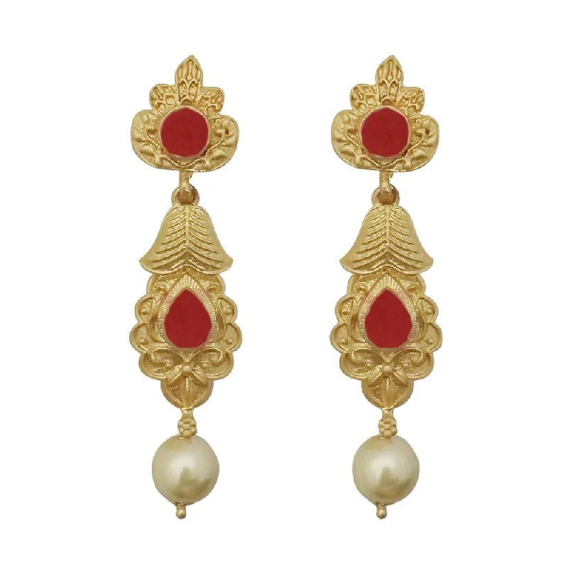 Bohemian Drop Earrings with Tassels -Kriaa Maroon Pota Stone Gold Plated Pearl Dangler Earrings