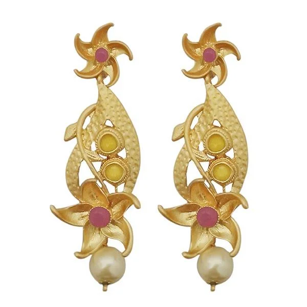 Drop Earrings for Work Attire -Kriaa Pink Austrian Stone Pearl Drop Gold Plated Dangler Earrings - 1313116E