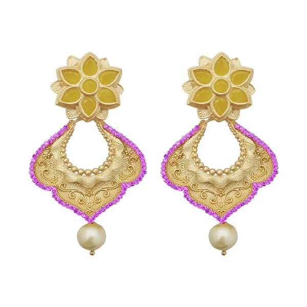 Drop Earrings for Yoga Session -Kriaa Pink Austrian Stone Pearl Drop Gold Plated Dangler Earrings - 1313117B