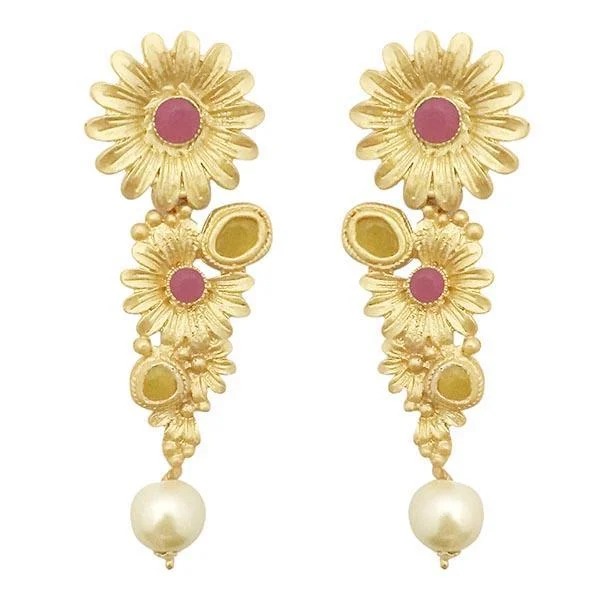 Oval Drop Earrings for Grace -Kriaa Pink Pota Stone Gold Plated Floral Dangler Earrings