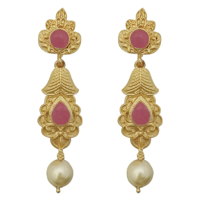 Drop Earrings for Bridesmaids Look -Kriaa Pink Pota Stone Gold Plated Pearl Dangler Earrings - 1313111D